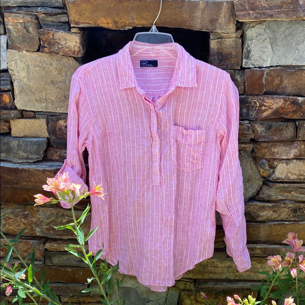GAP Pink and White Striped Linen Shirt